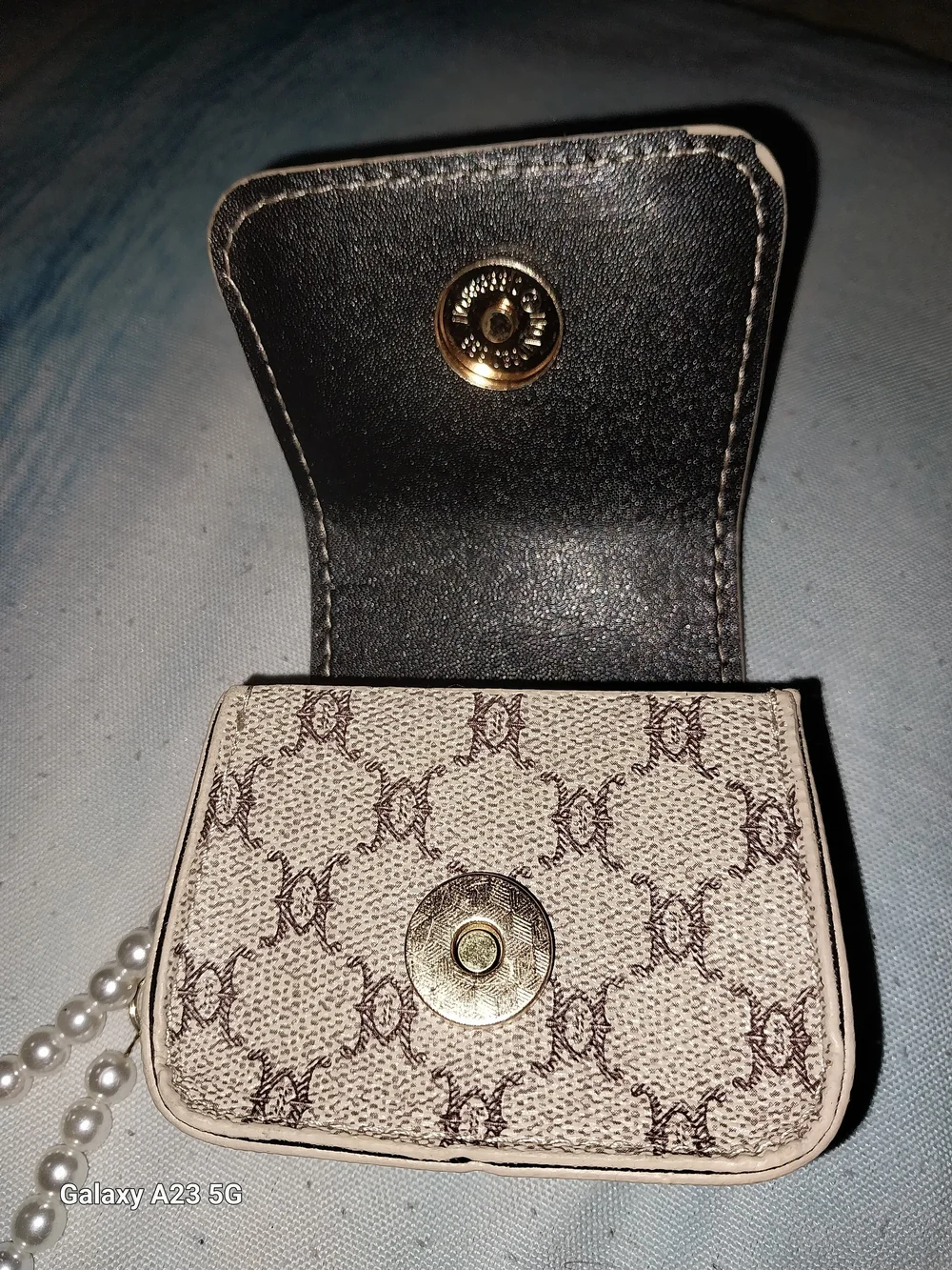 Unbranded Faux Pearl Wristlet Mini Bag/Lipstick Holder/Wallet- Beige Monogram